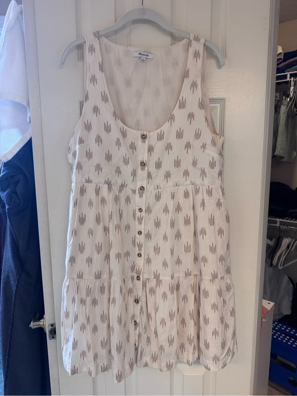 Madewell Cream and Tan Ikat-Print Button-Front Tiered Dress